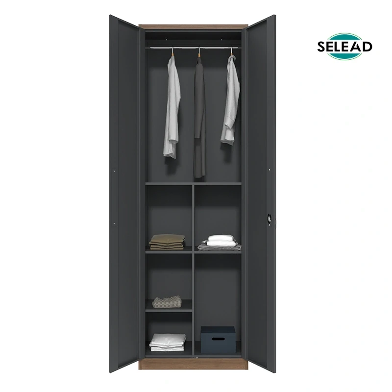 Black steel wardrobe cabinet with hanging clothes storage design