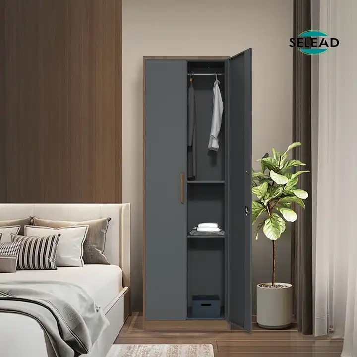 Modern bedroom steel wardrobe cabinet with double swing doors