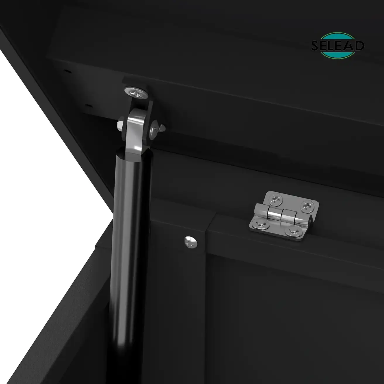 Interior corner frame detail of black metal deck box with screws