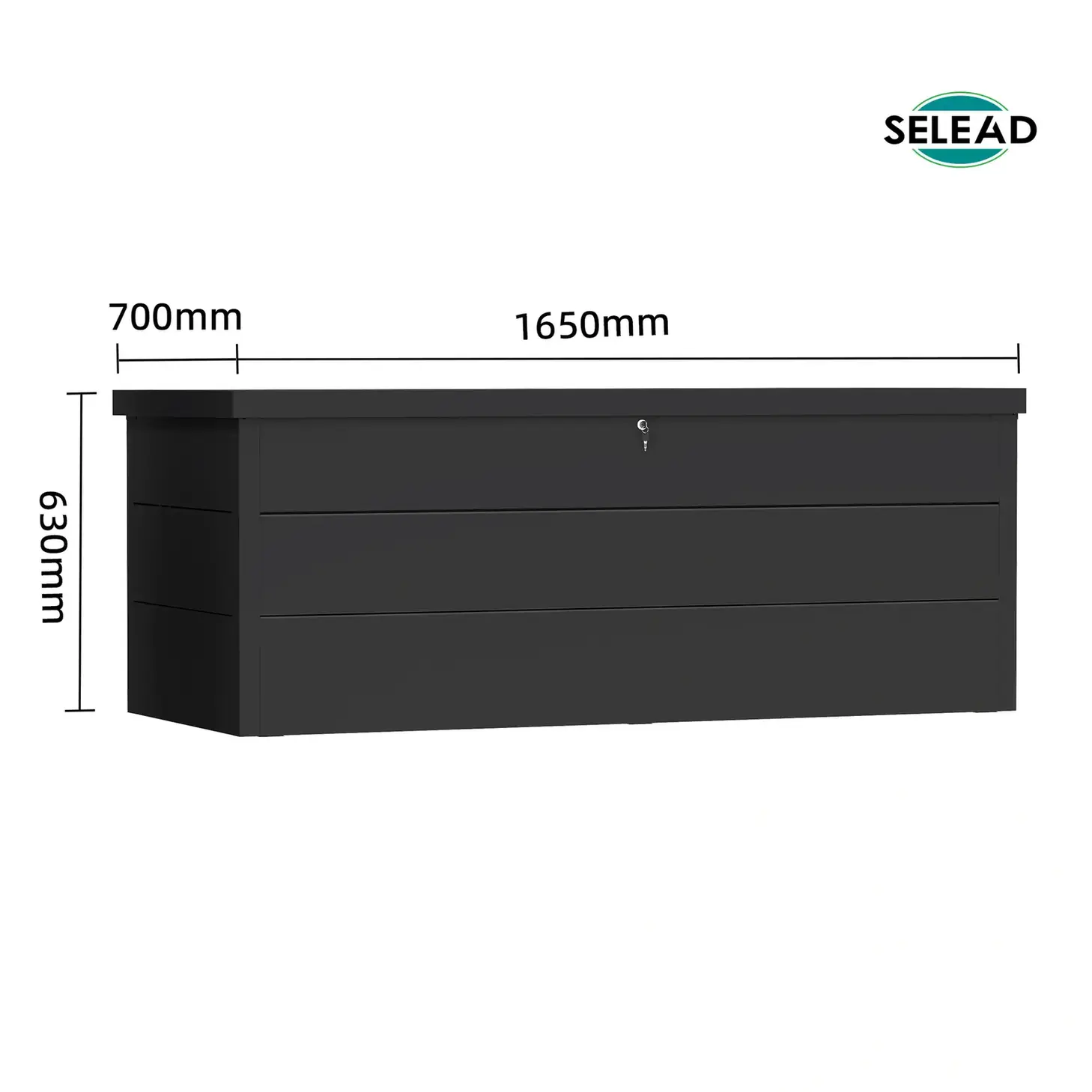 Dimension diagram of SE-GB01 deck box showing 1650mm width, 630mm height, 700mm depth