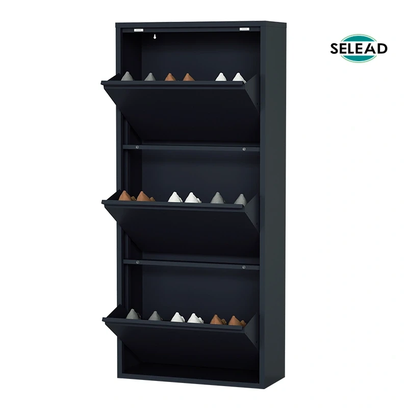 Steel tilt-out shoe cabinet with three flip compartments in black finish