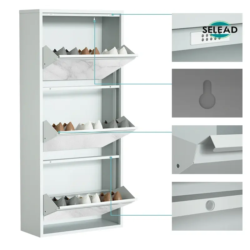 Steel tilt-out shoe cabinet internal structure showing angled shoe trays