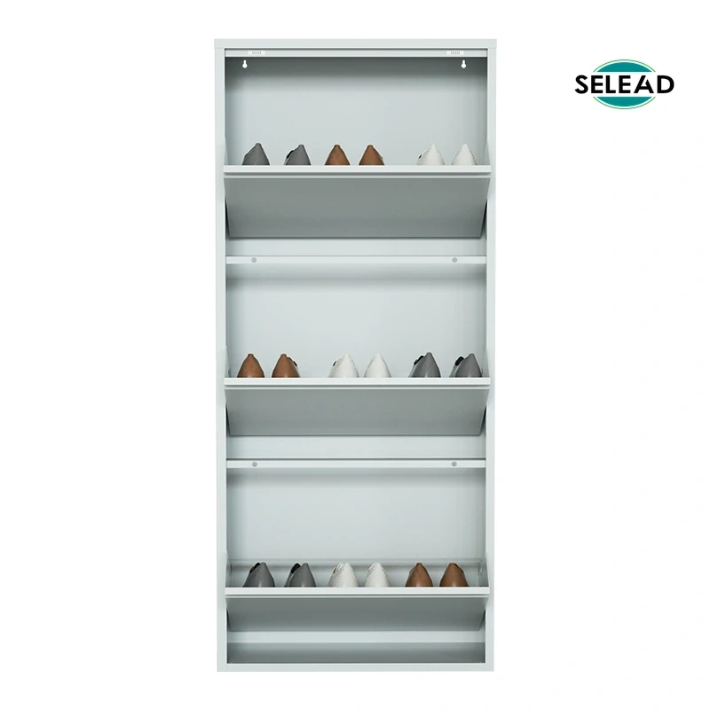 Grey steel vertical shoe cabinet with open tilt-out compartments