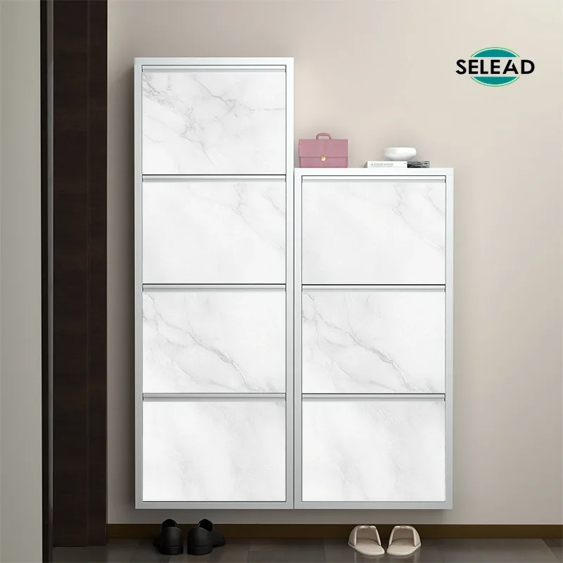 Decorative steel shoe cabinet with marble-style front panels in entryway