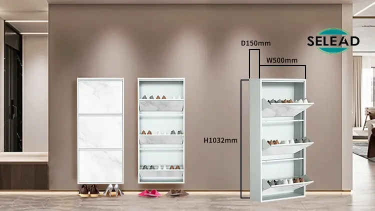Steel tilt-out shoe cabinet size diagram for narrow entryway planning