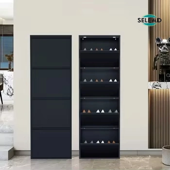 Tall steel shoe cabinet with four tilt-out compartments in black finish