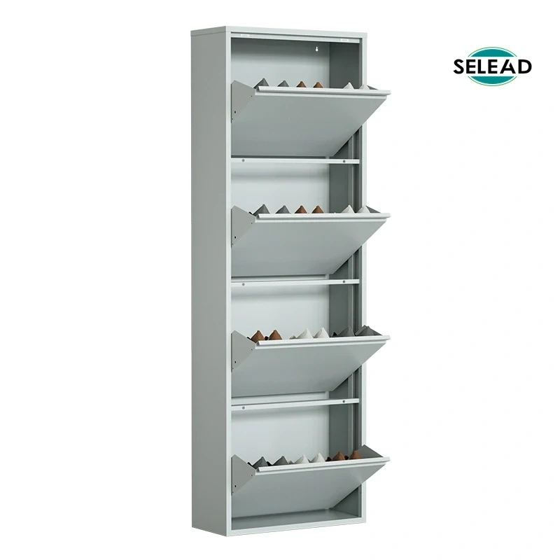 Steel tilt-out shoe storage cabinet interior with angled shoe trays