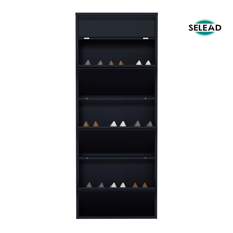 Steel four-tier tilt-out shoe cabinet in black finish, front view
