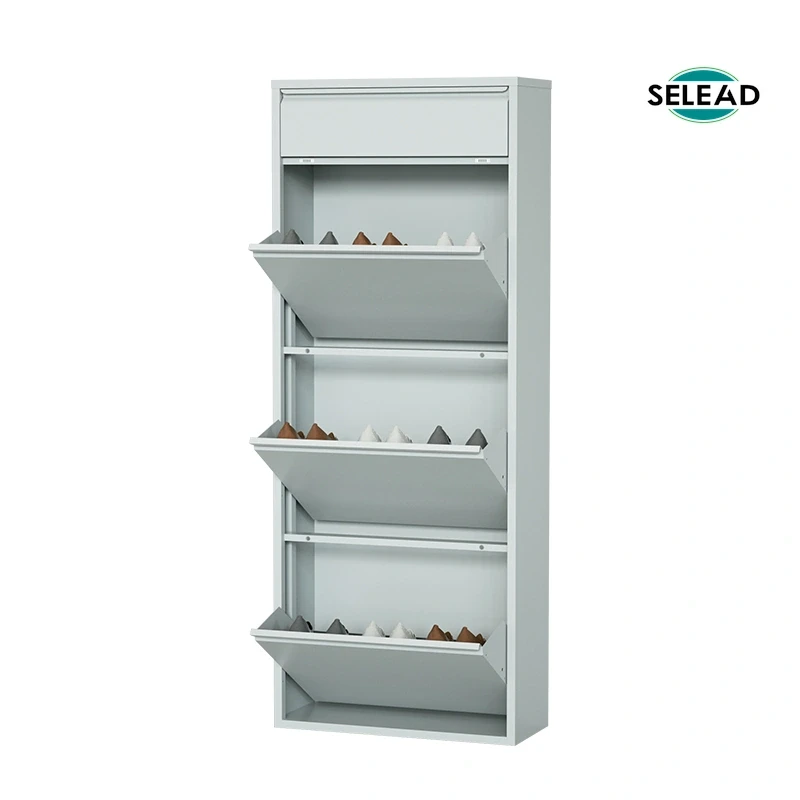 Steel shoe cabinet size diagram for narrow entryway planning