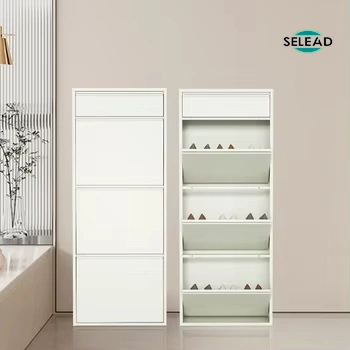 White steel tilt-out shoe cabinet installed in entryway scene
