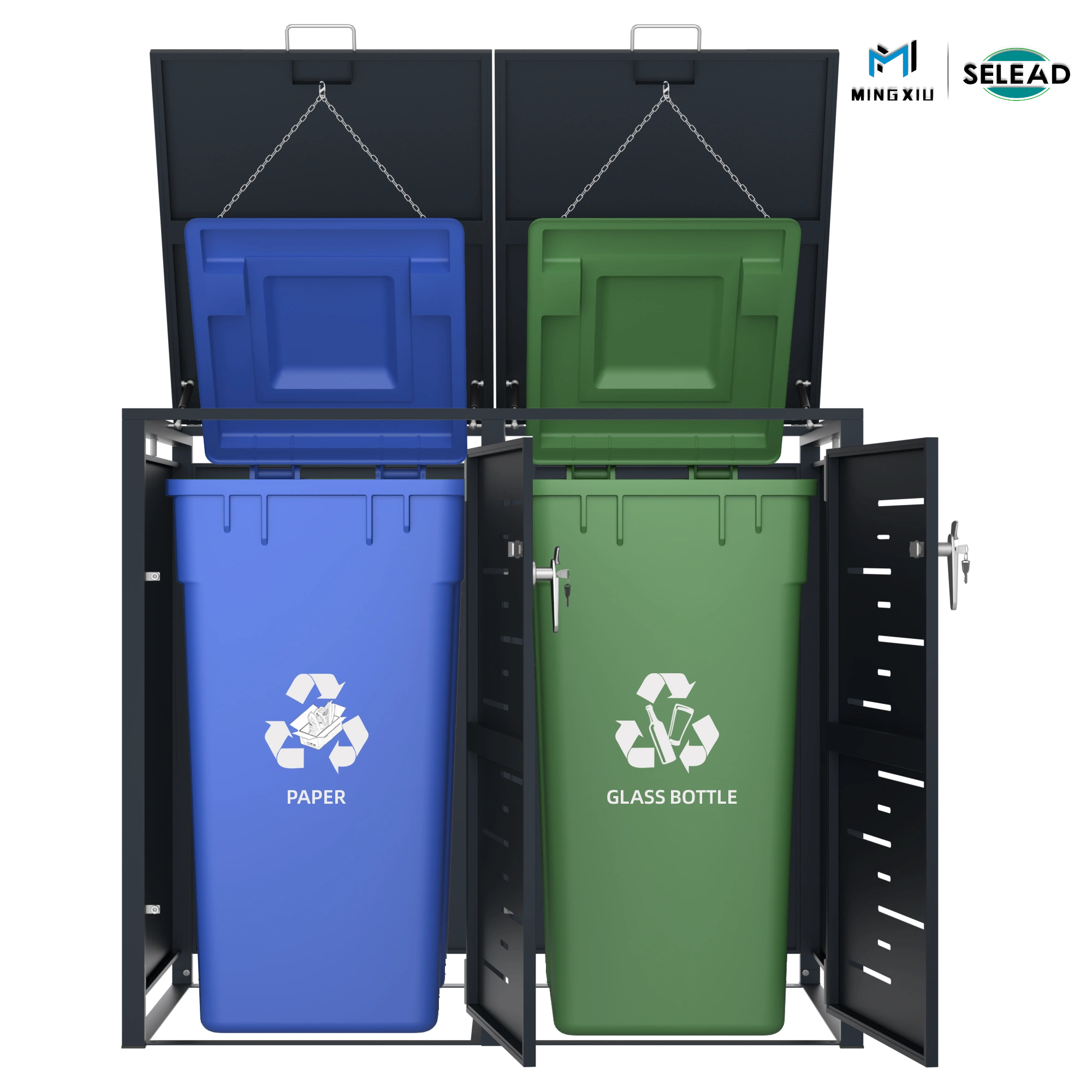 Open View of OBB-C2 Dual Bin Store Showing Chain-Operated Lids with Blue and Green Recycling Bins Inside