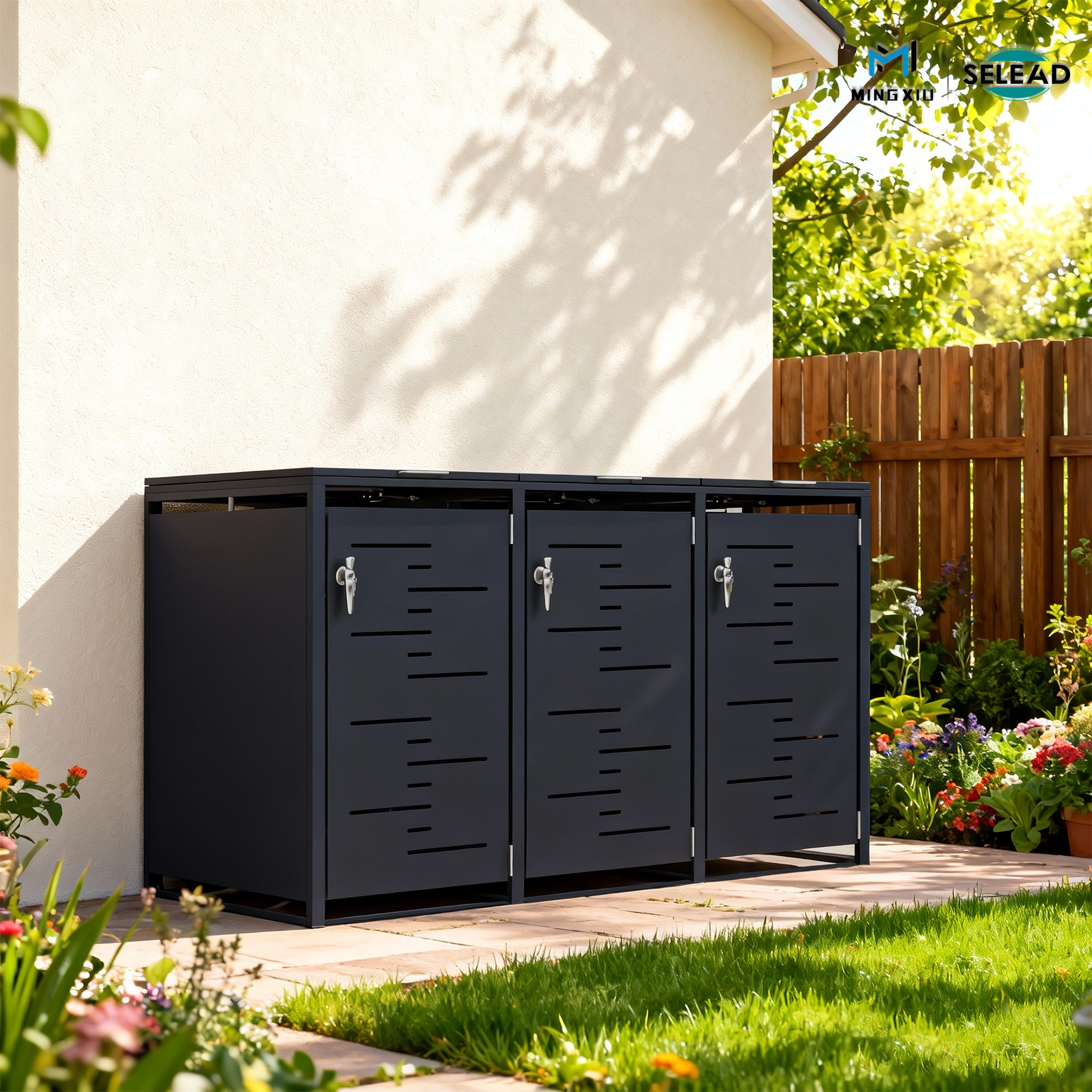 Anthracite grey triple bin shelter installed in residential garden setting