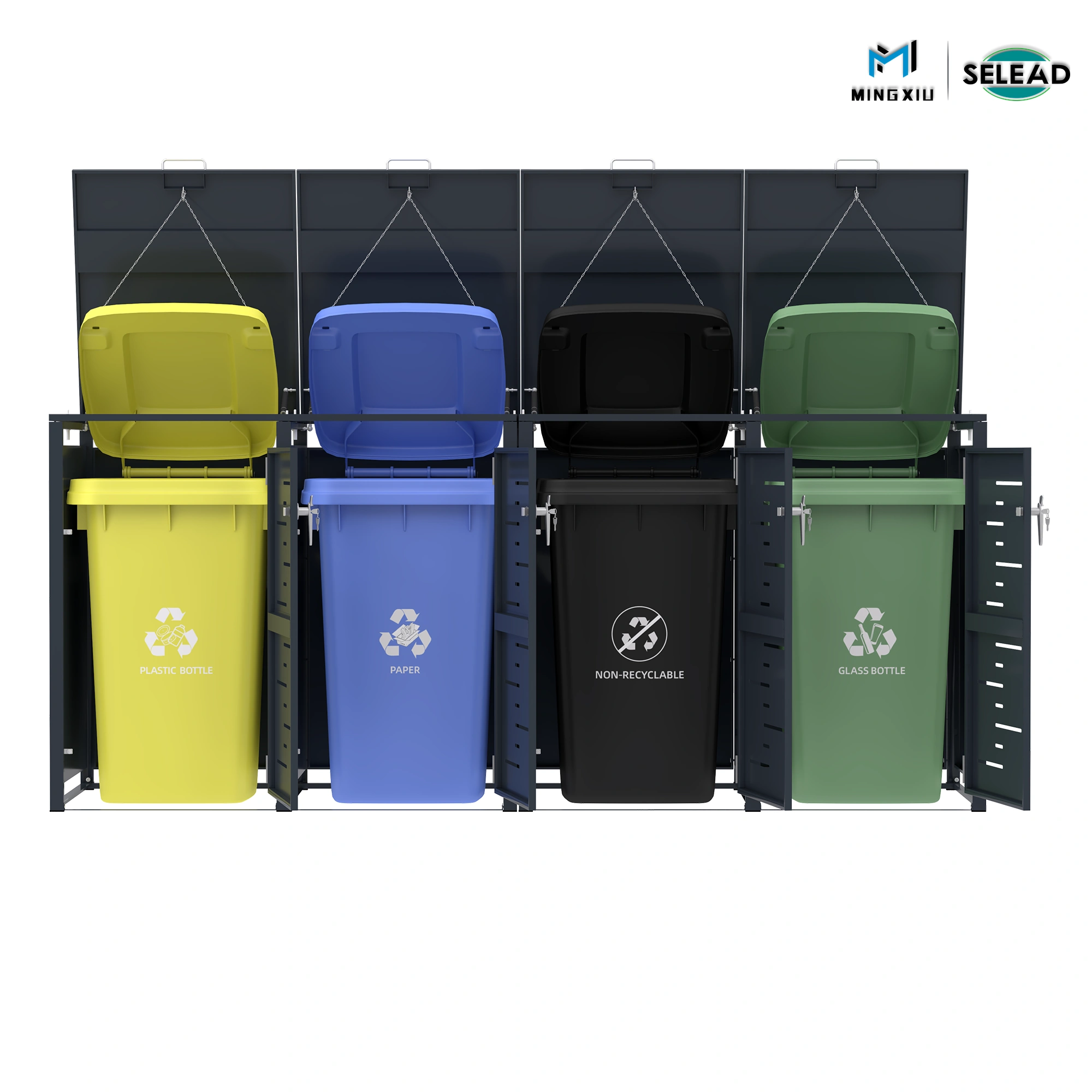 Four compartment bin storage unit with 120L/240L Waste bins for waste sorting and recycling