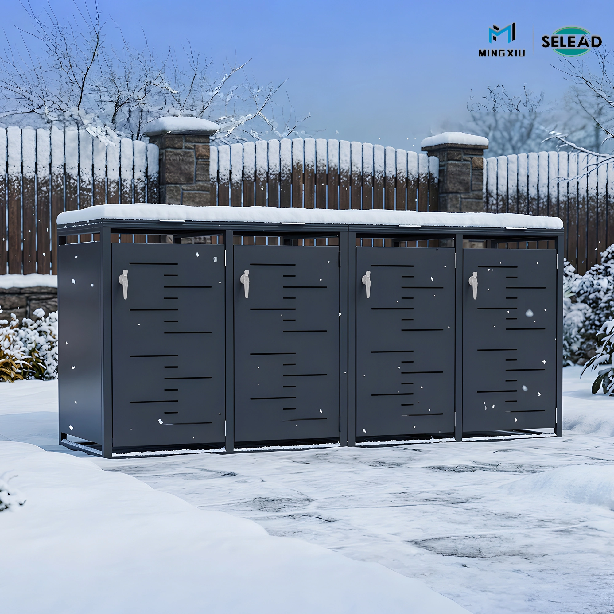 Dark grey quadruple bin shelter installed in outdoor setting with garden landscaping