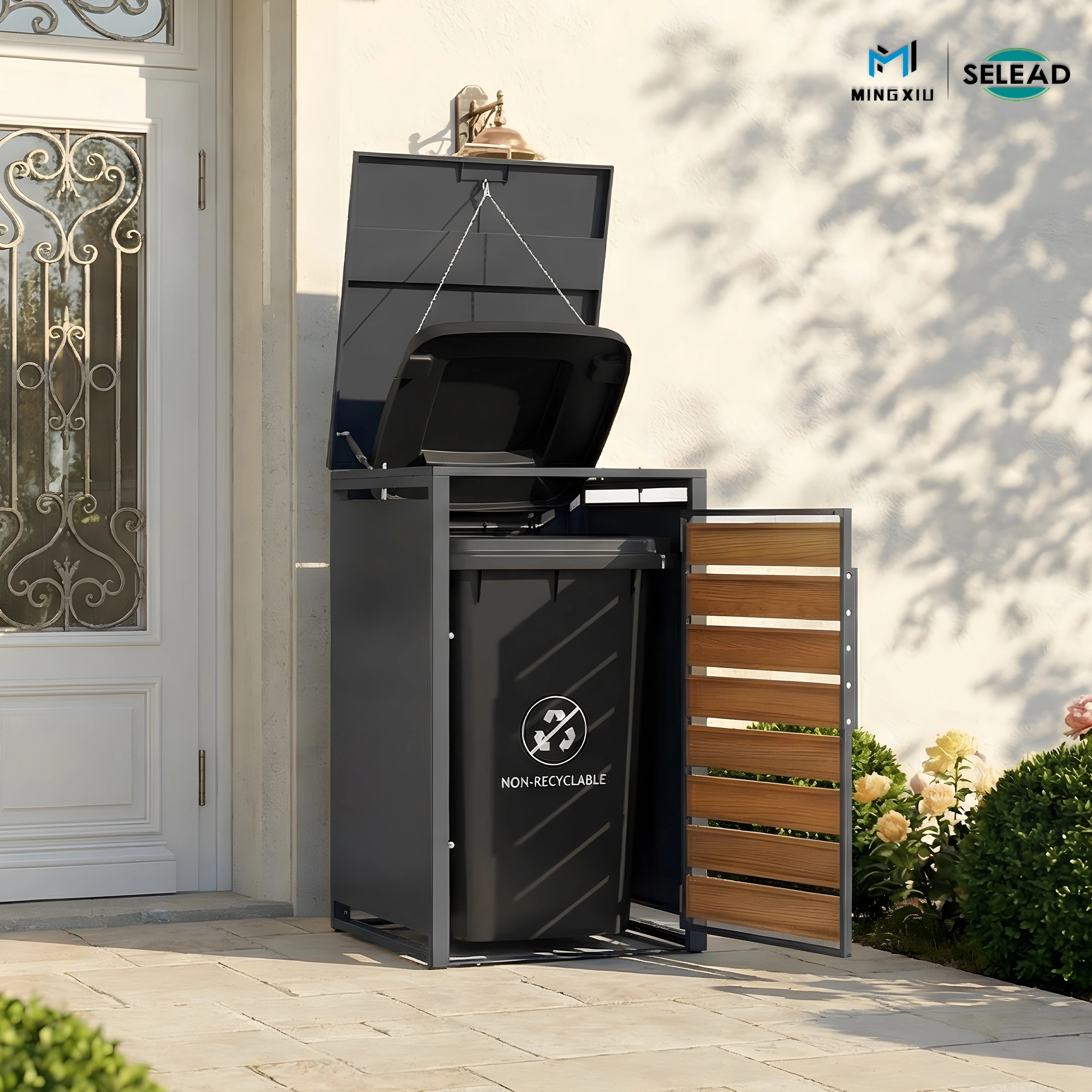 SE-OBB-K1 bin enclosure open showing 240L wheelie bin and linked lifting lid system