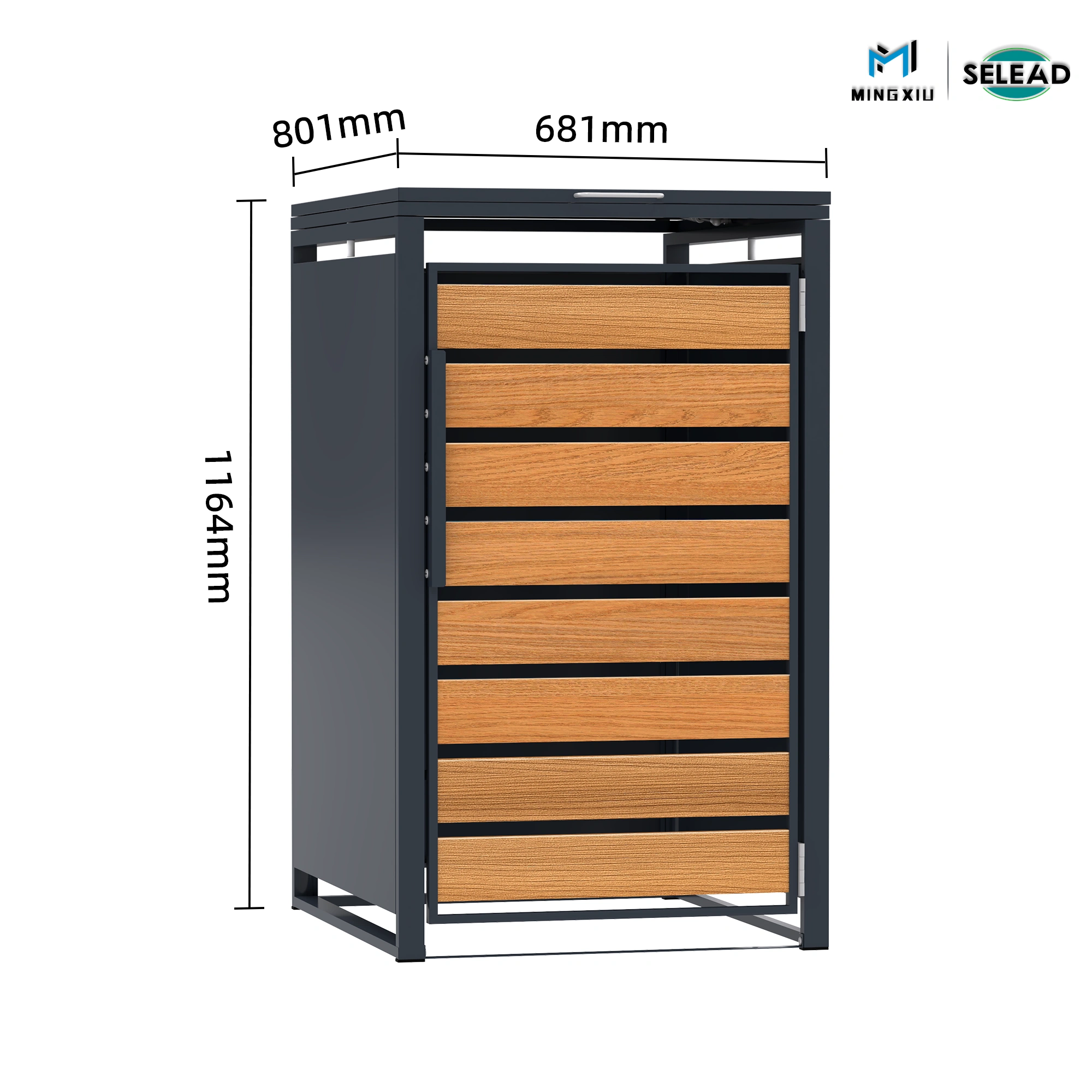 Dimensioned drawing of SE-OBB-K1 single wheelie bin enclosure showing height, width and depth in millimeters