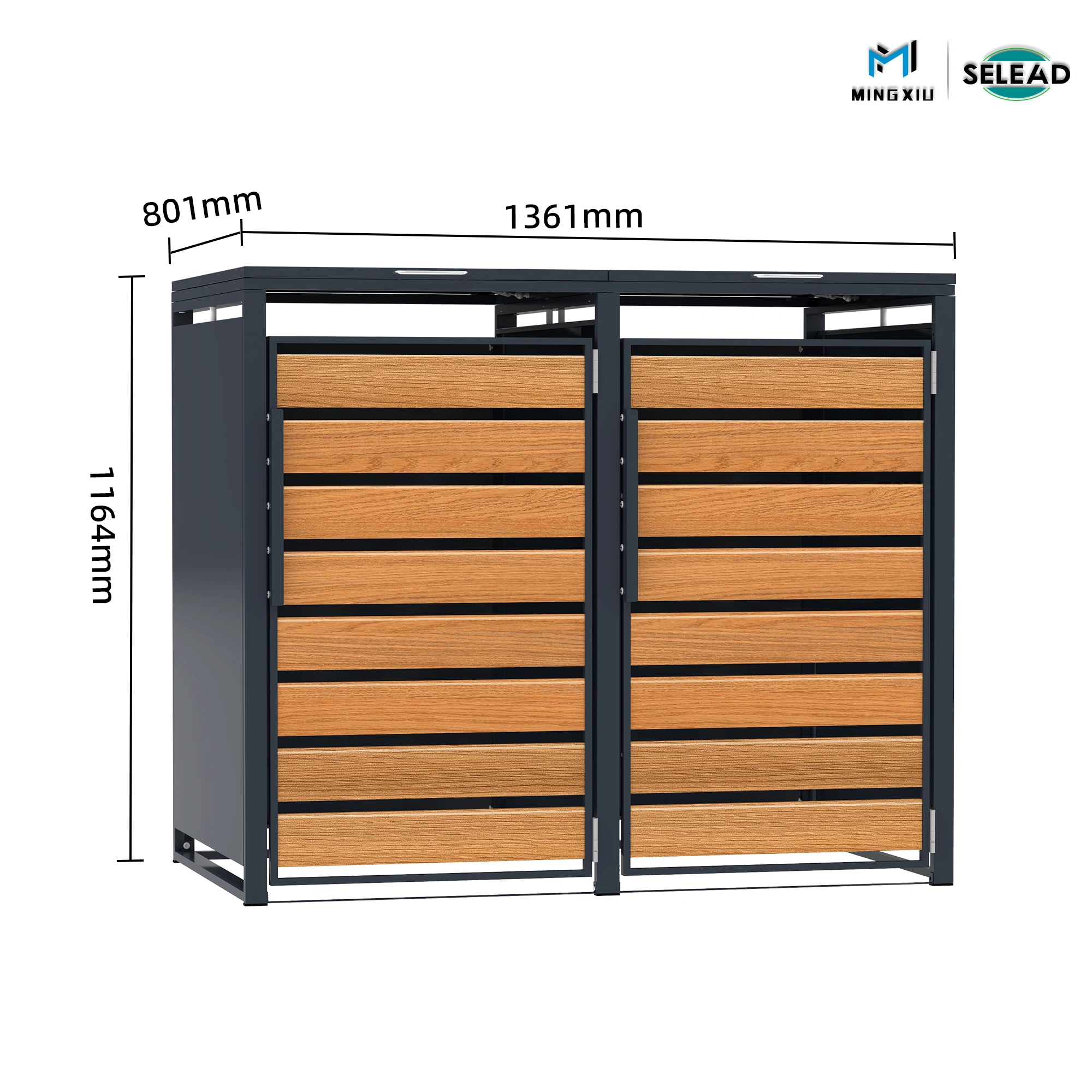 Dimensioned drawing of SE-OBB-K2 double wheelie bin enclosure showing height 1164mm, width 1361mm and depth 801mm