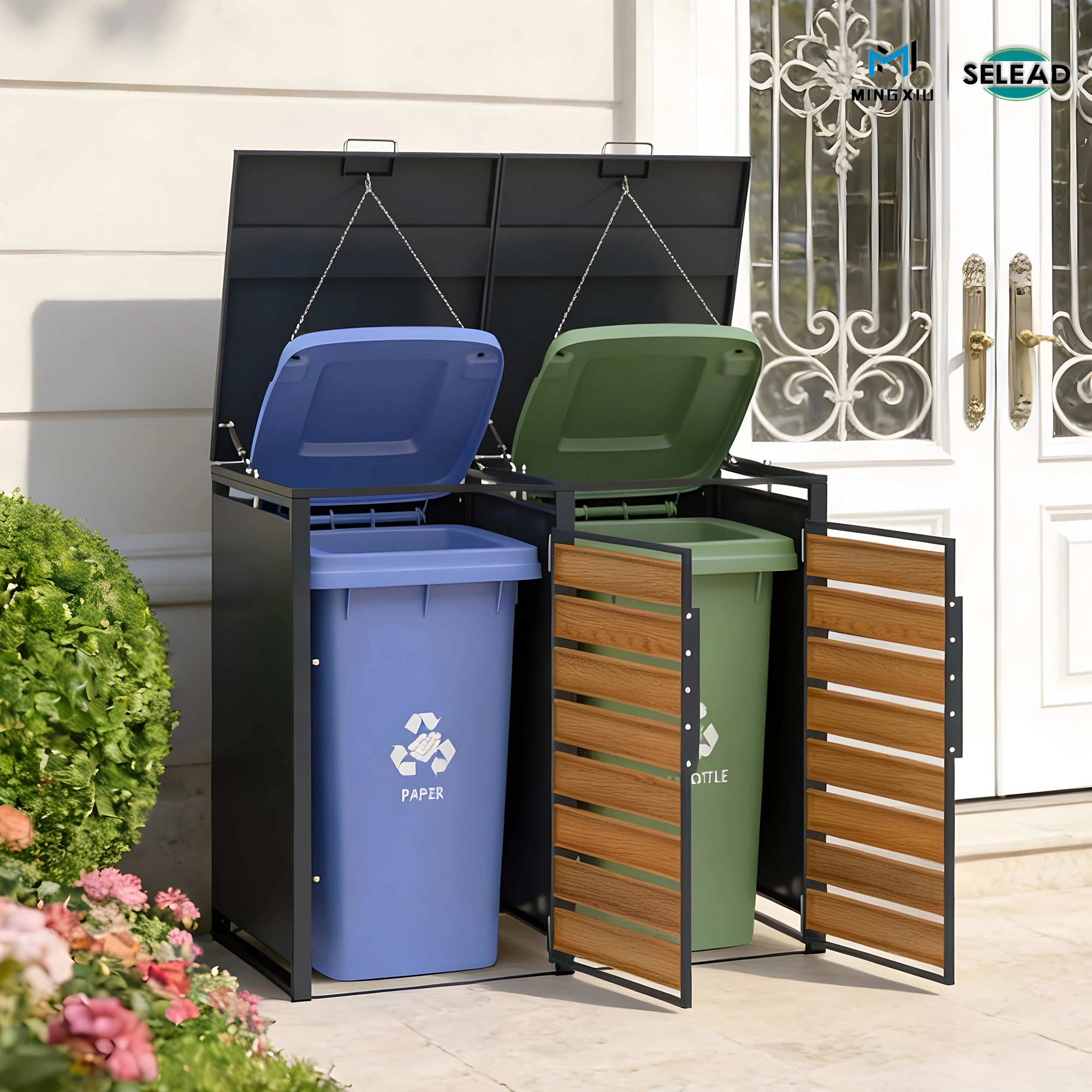 SE-OBB-K2 double outdoor wheelie bin store with twin wood-effect front doors and dark steel frame