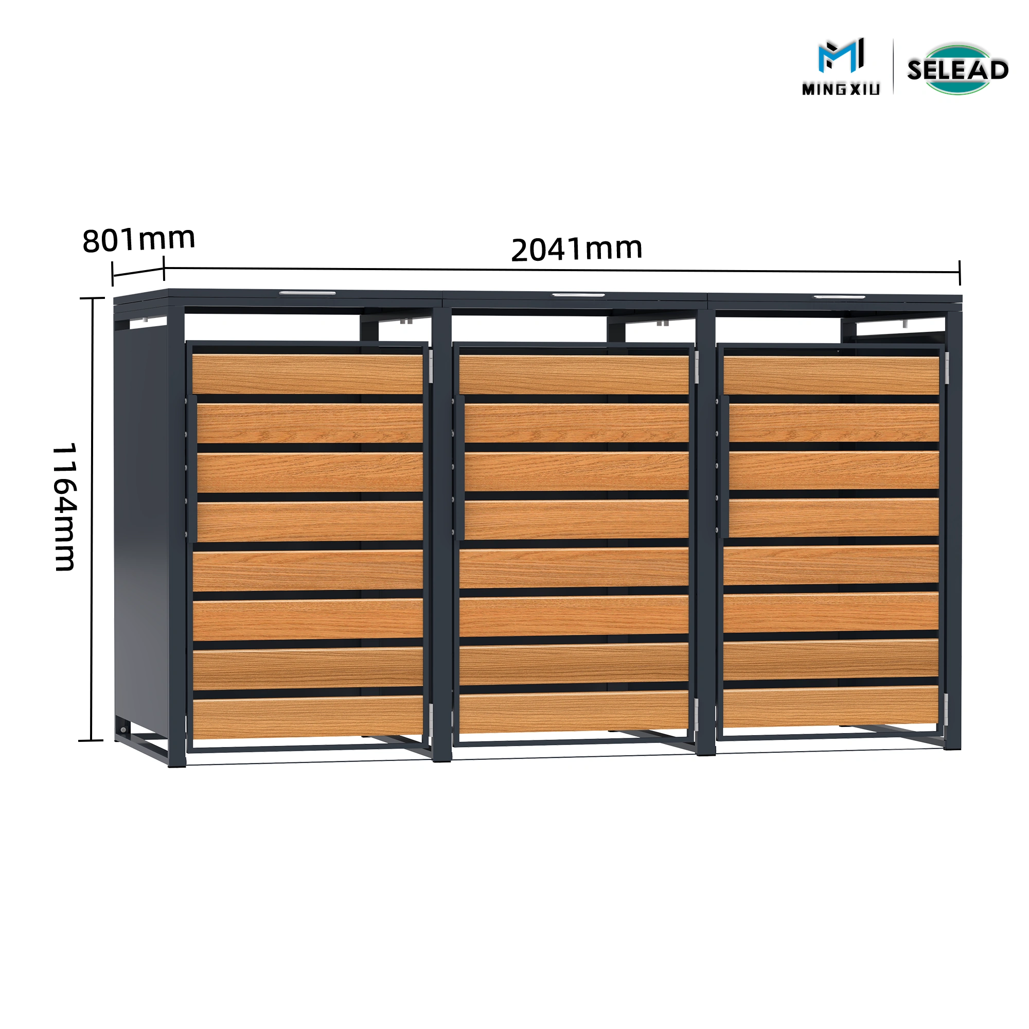 Dimensioned drawing of SE-OBB-K3 triple wheelie bin enclosure showing height 1164mm, width 2041mm and depth 801mm