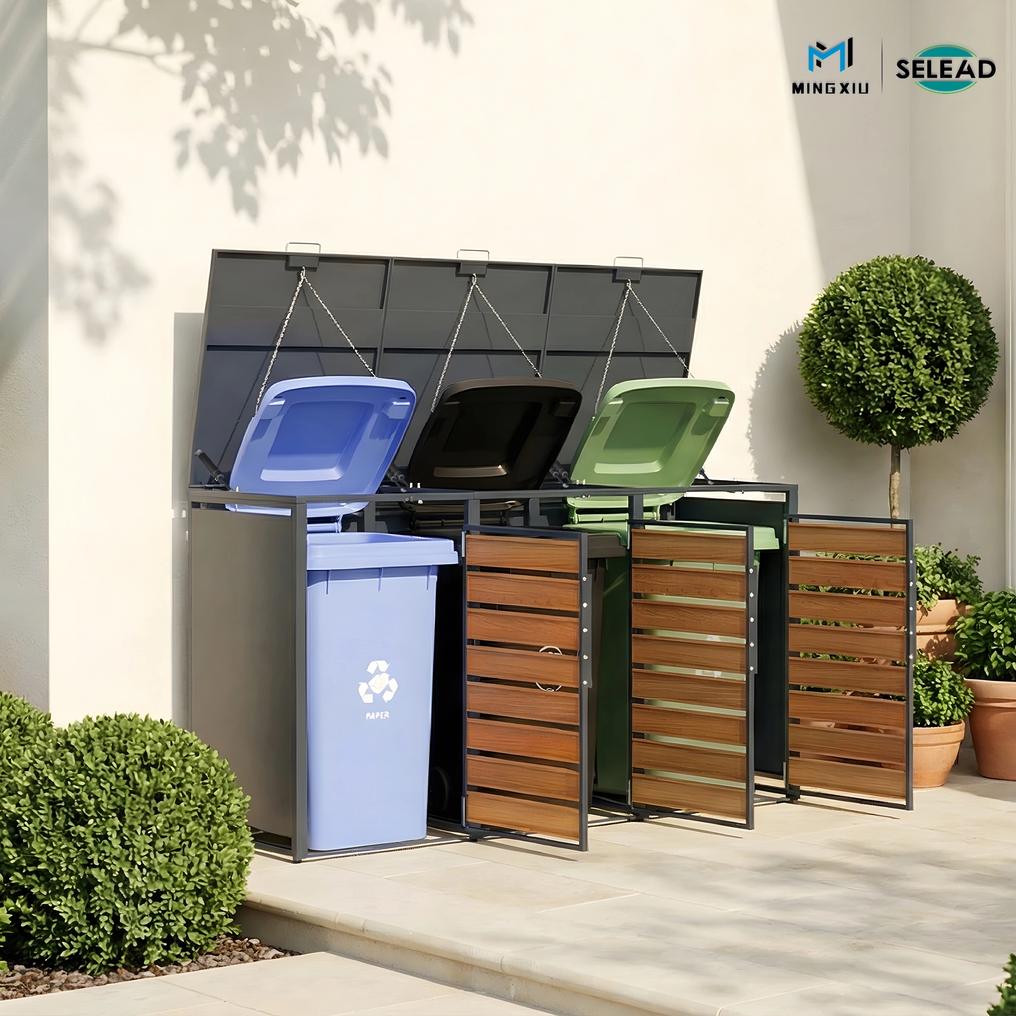 SE-OBB-K3 triple outdoor wheelie bin store with three wood-effect front doors and dark steel frame
