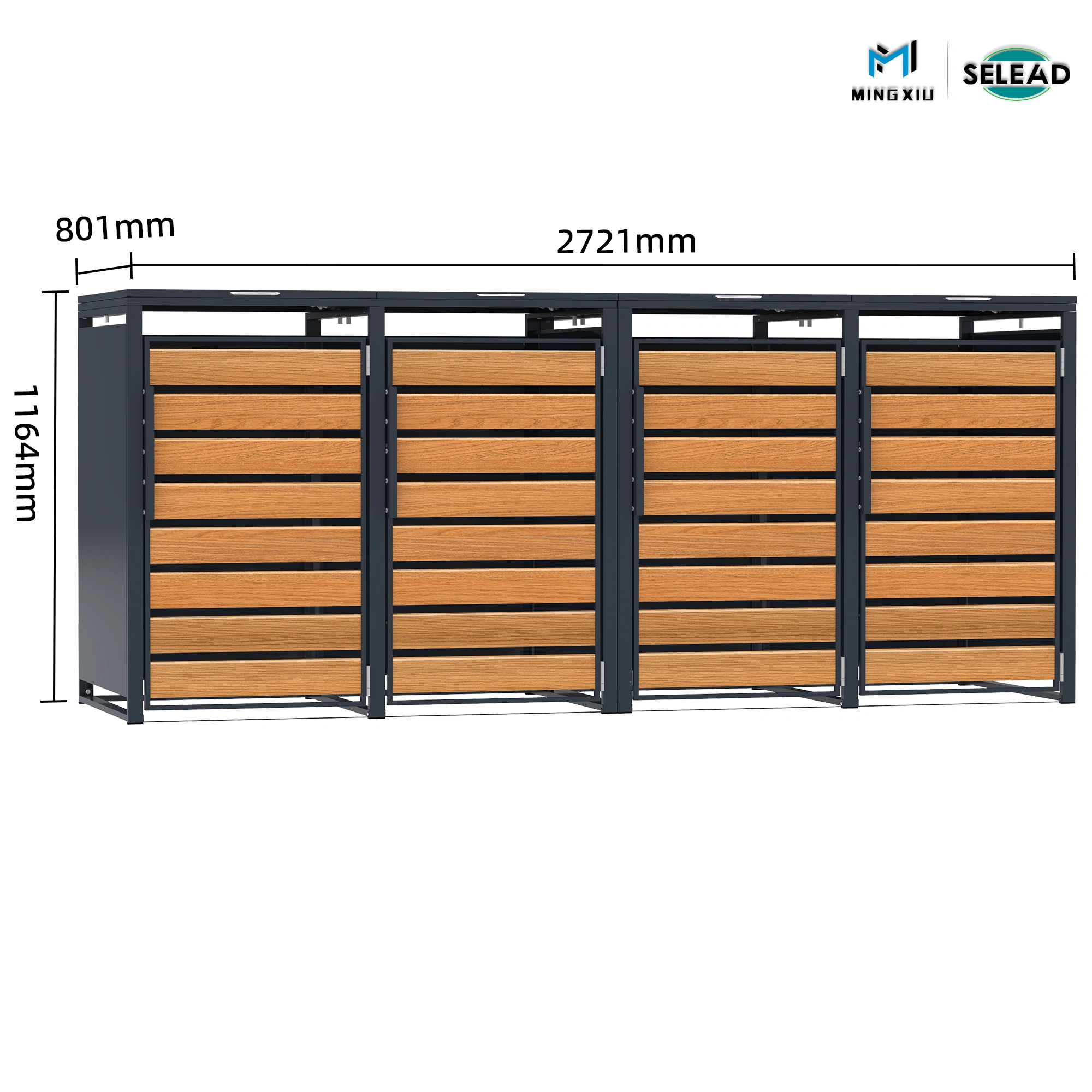 Dimensioned drawing of SE-OBB-K4 quad wheelie bin enclosure showing height 1164mm, width 2721mm and depth 801mm