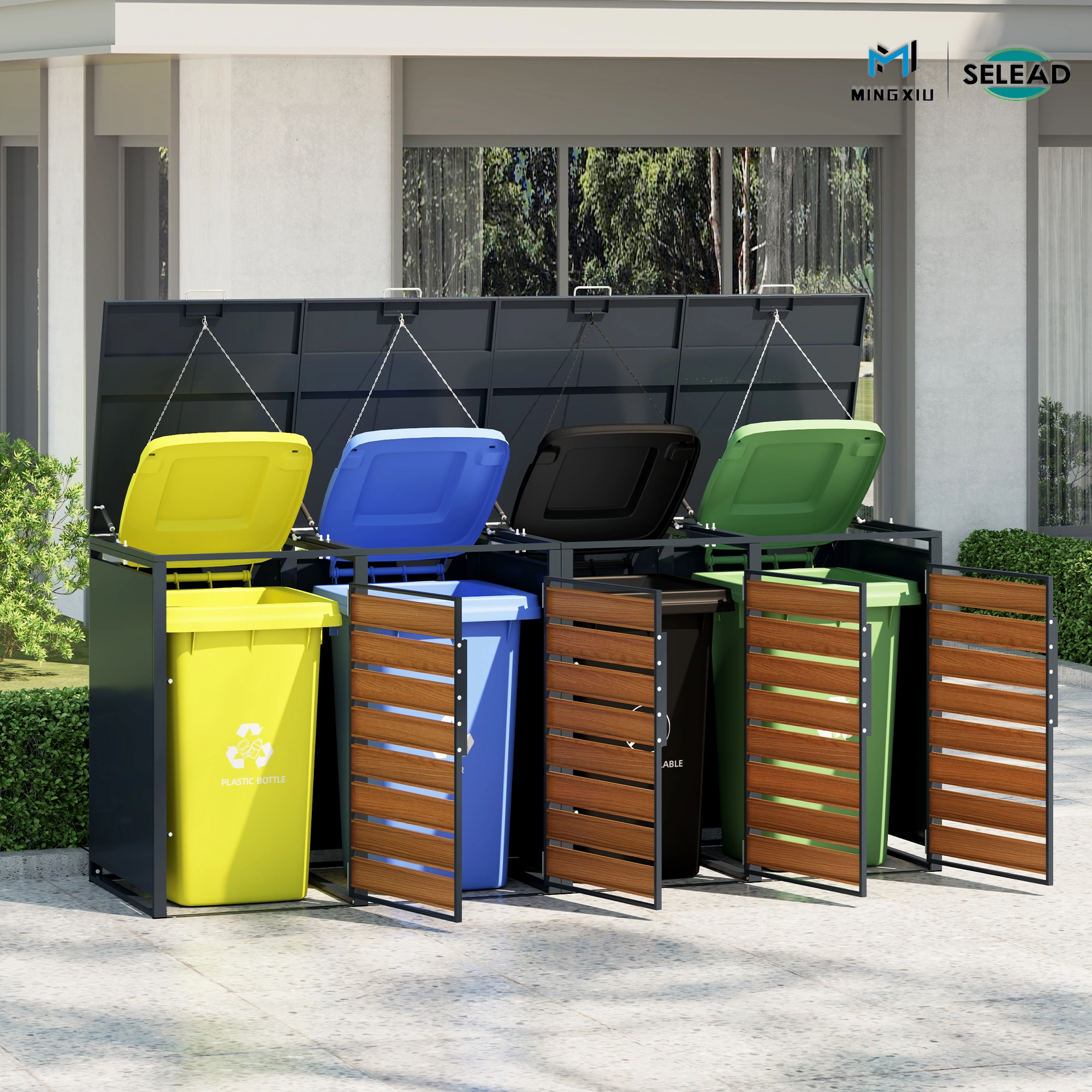 SE-OBB-K4 quad outdoor wheelie bin store with four wood-effect front doors and dark steel frame