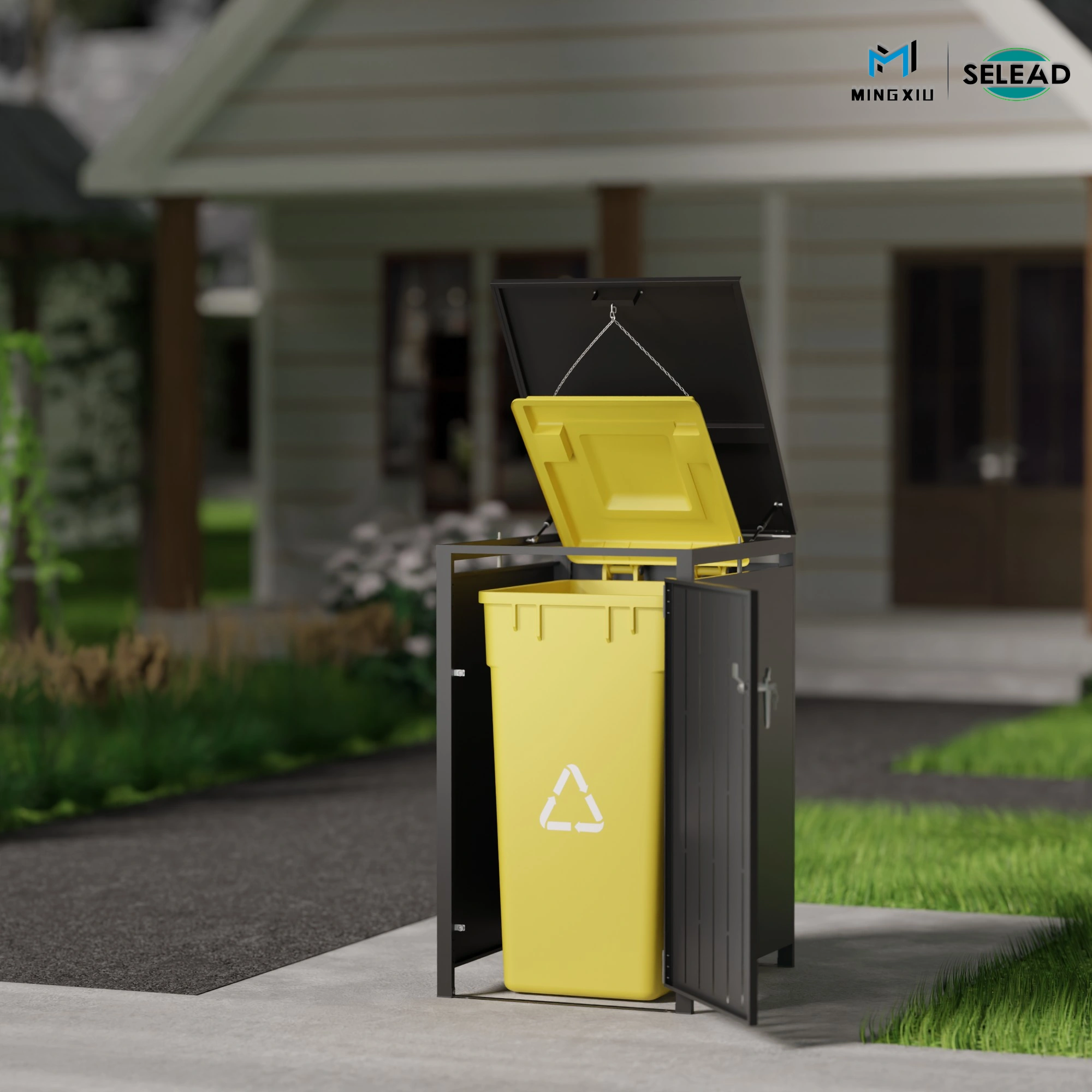 SE-OBB-N1 open view showing one outdoor waste bin inside the enclosure with chain linkage