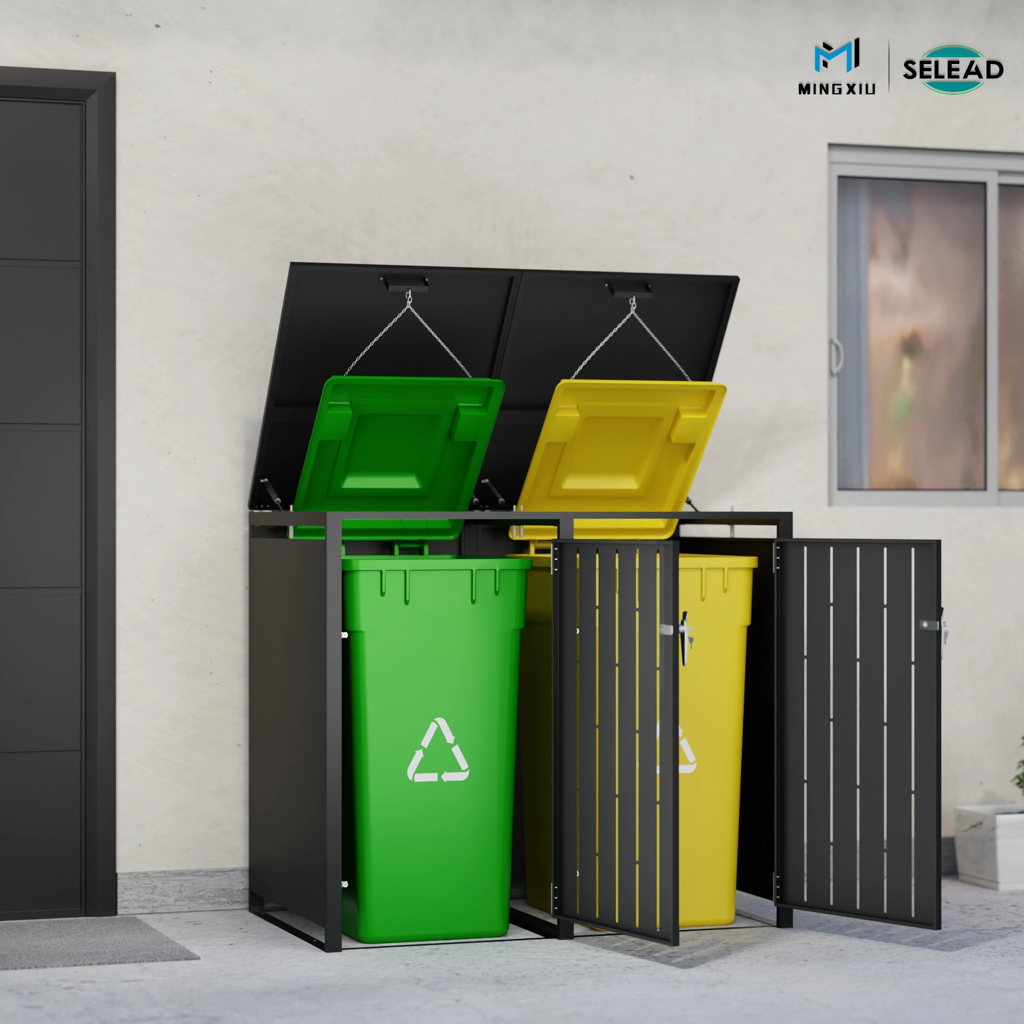 SE-OBB-N2 open view showing two outdoor waste bins inside the enclosure with chain linkage