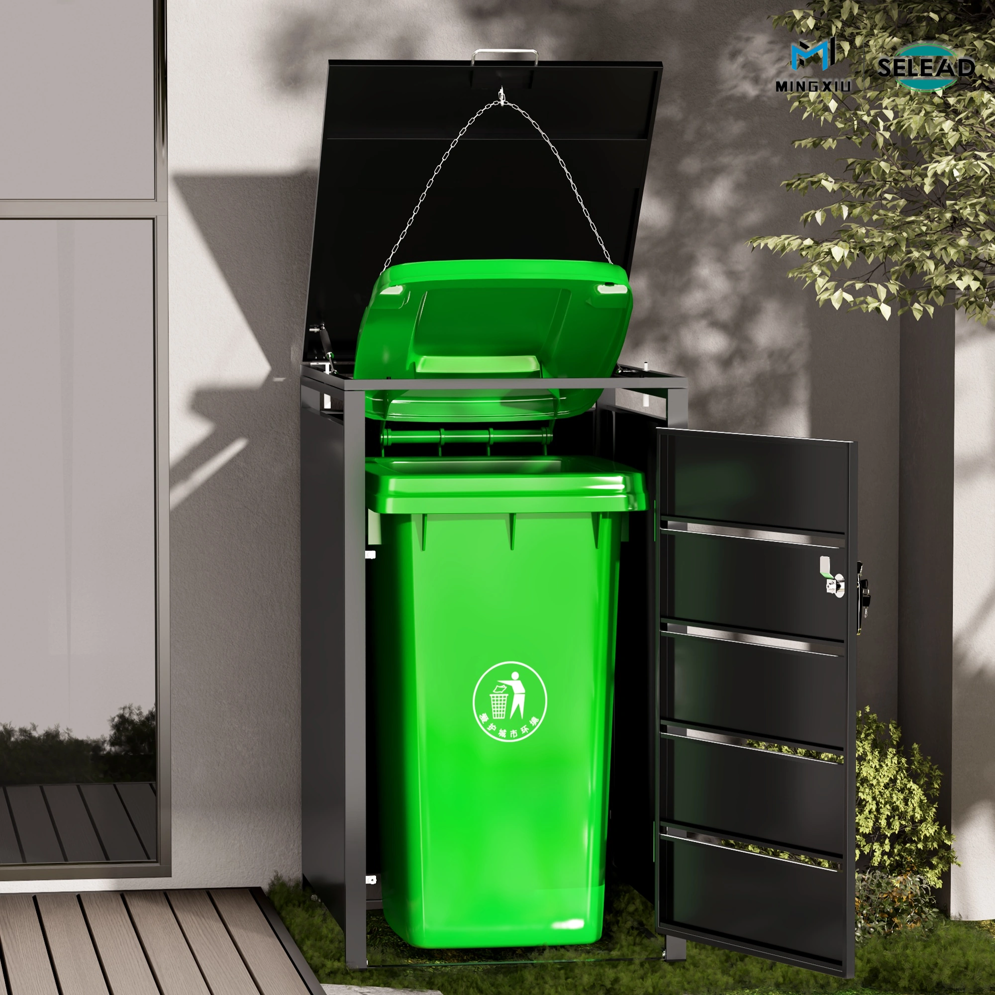 SE-OBB-P1 open view showing one outdoor waste bin inside the enclosure