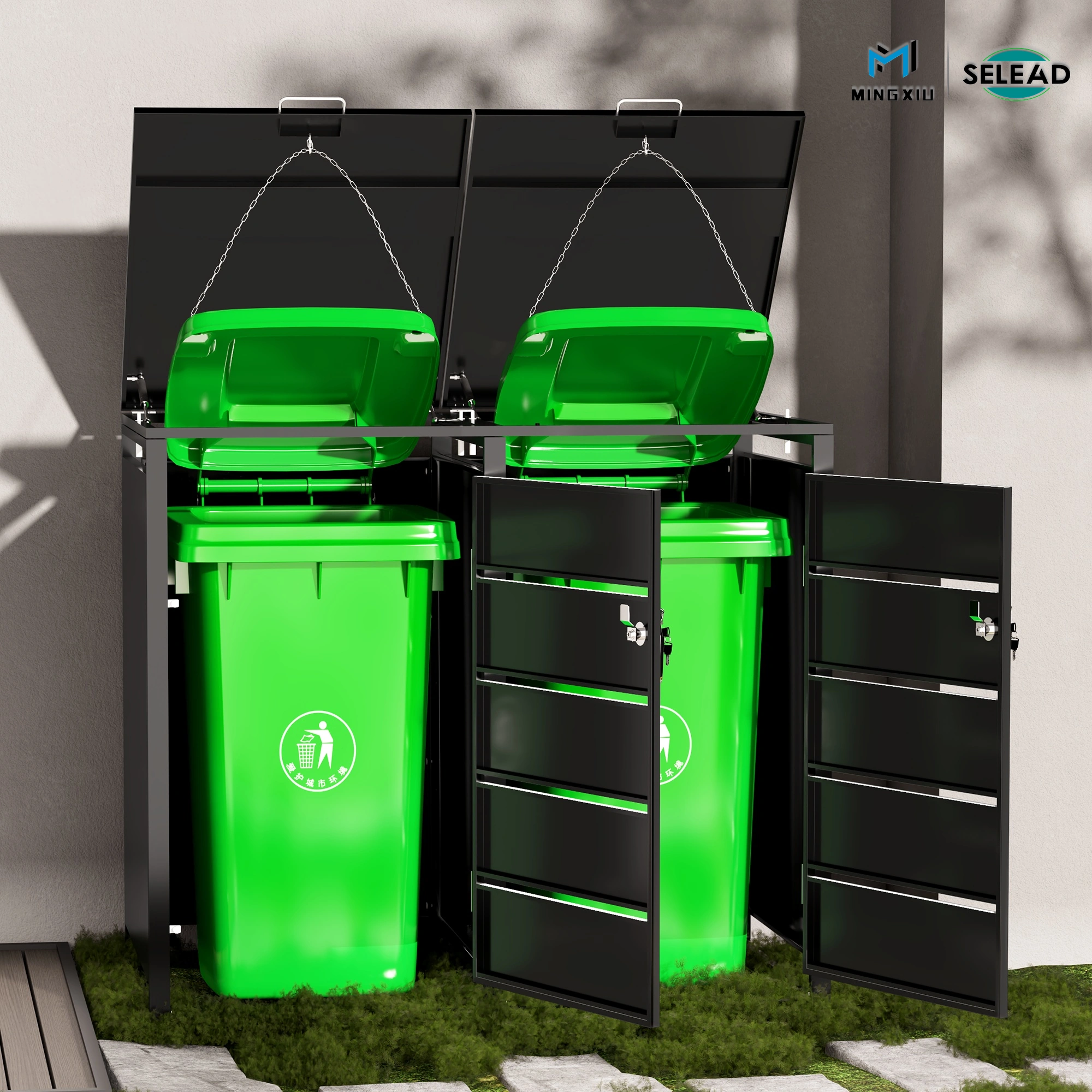SE-OBB-P2 open view showing two outdoor waste bins inside the enclosure
