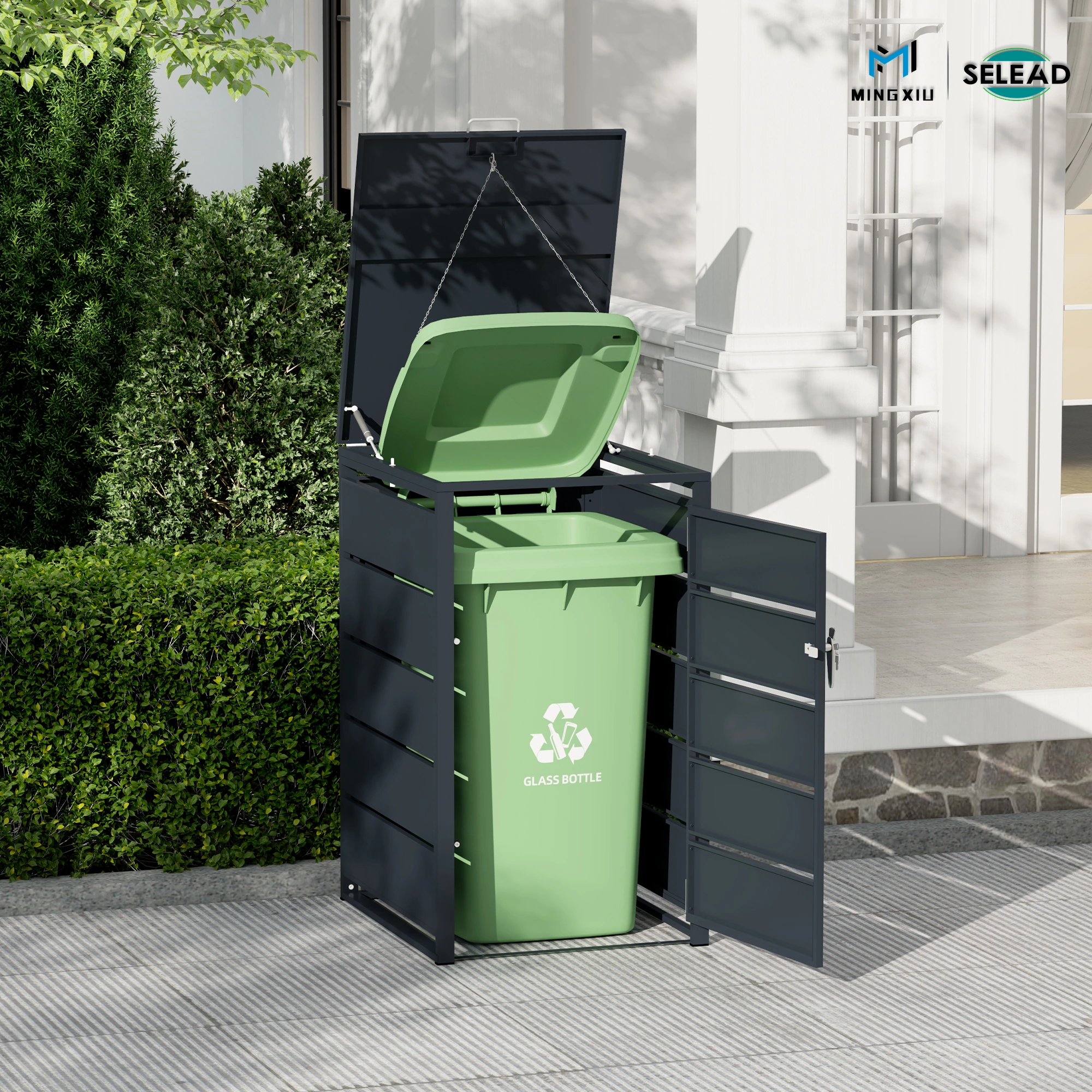 open view showing one outdoor waste bin inside the enclosure