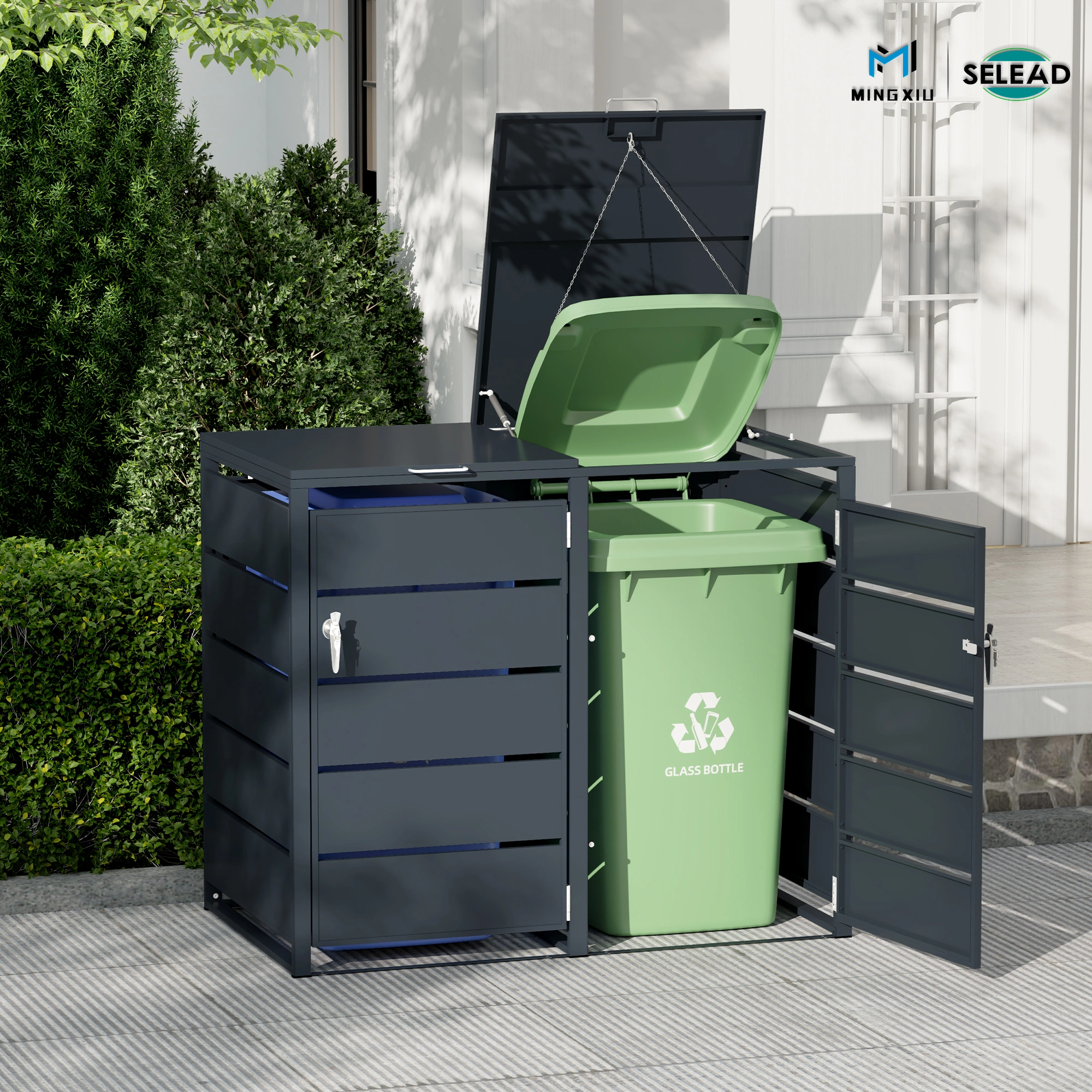 SE-OBB-Q2 open view showing two outdoor waste bins inside the enclosure