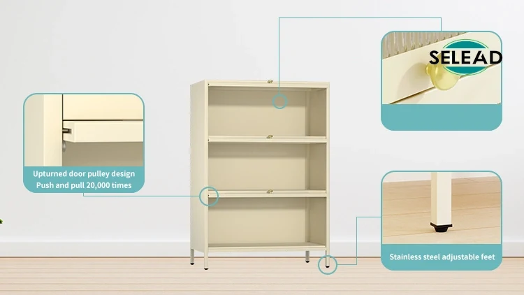 Steel tambour door cabinet interior showing adjustable shelves and pulley system