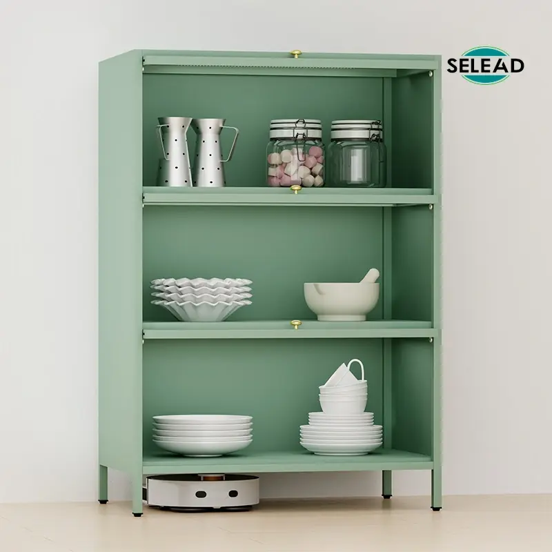 Green steel kitchen storage cabinet with open shelving configuration