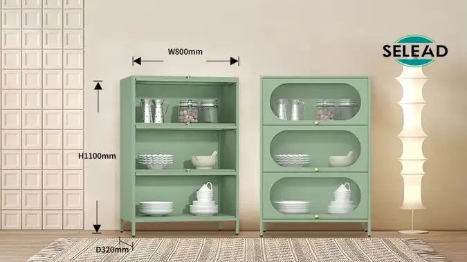 Steel tambour door cabinet size diagram for kitchen layout planning