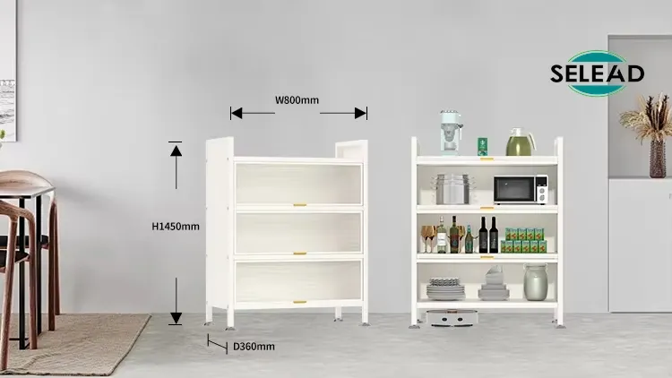 Steel tambour door cabinet with labeled dimensions for kitchen storage planning