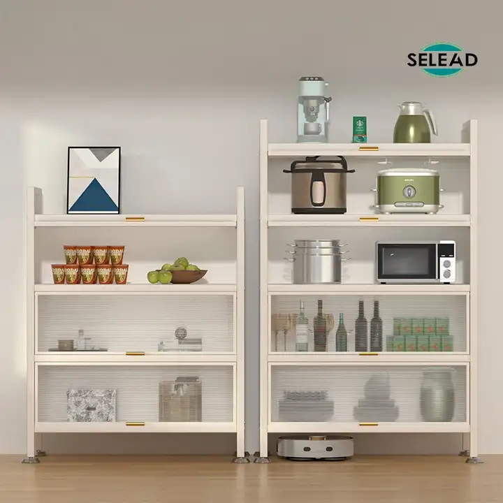 White steel tambour door shelving unit used for kitchen appliance storage