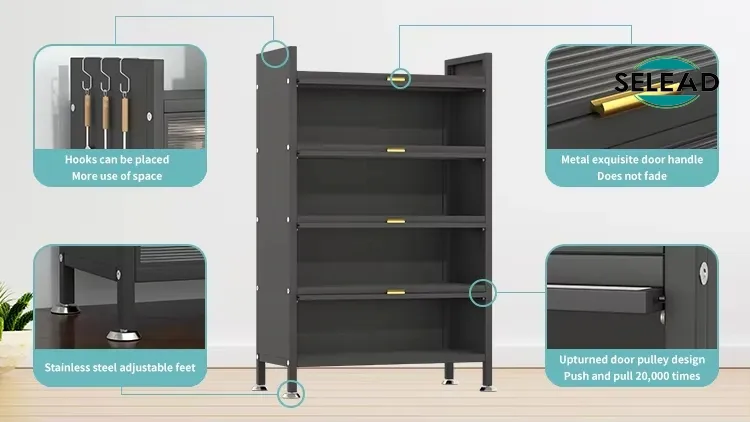 Rolling shutter drawer structure with metal handle and internal shelves