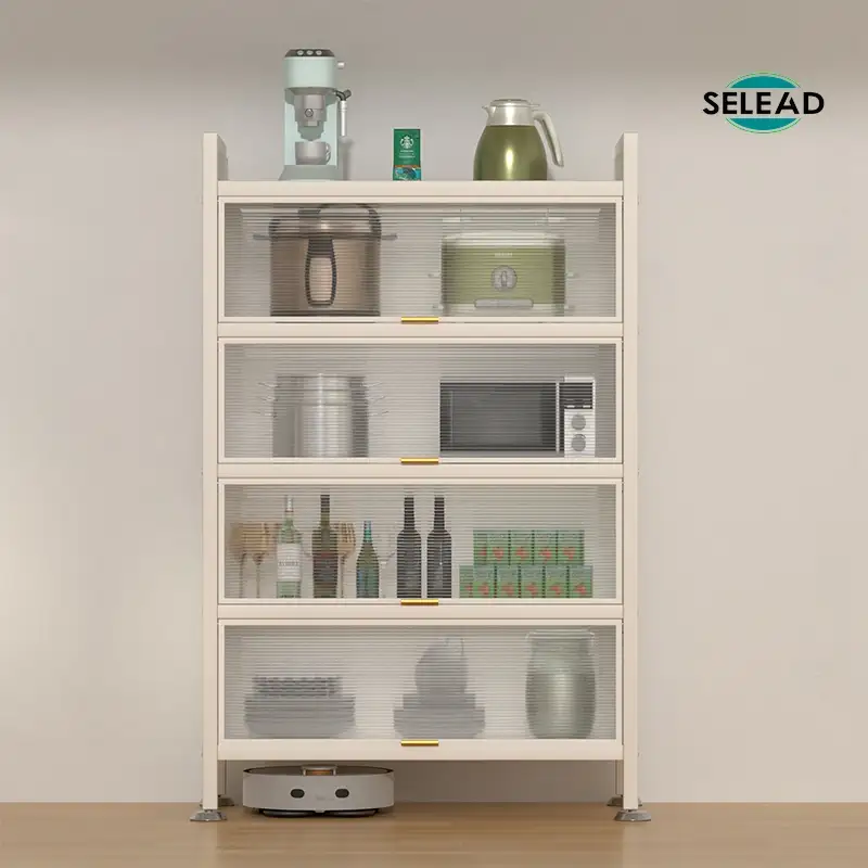 White steel kitchen storage cabinet with shutter drawers in use