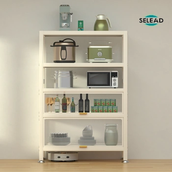 White steel kitchen storage shelf with open shelves and drawers