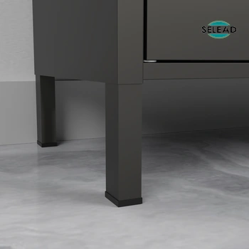 High square black steel cabinet legs providing clearance for floor cleaning