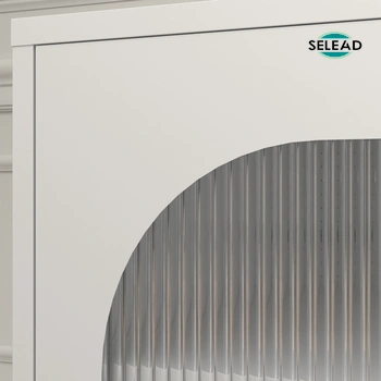 Detail of white steel frame corner around fluted glass door panel
