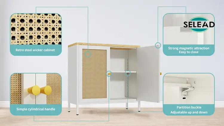 Wicker door panel, magnetic closure and adjustable shelf detail