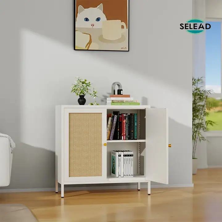 White steel storage cabinet with wicker doors in interior setting