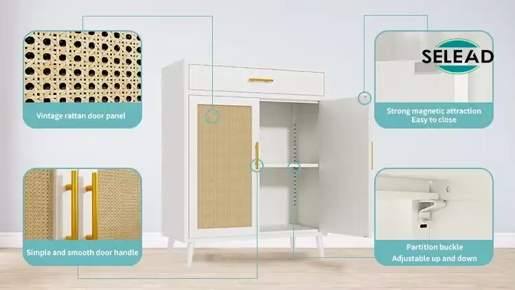 White steel storage cabinet with rattan doors in interior setting
