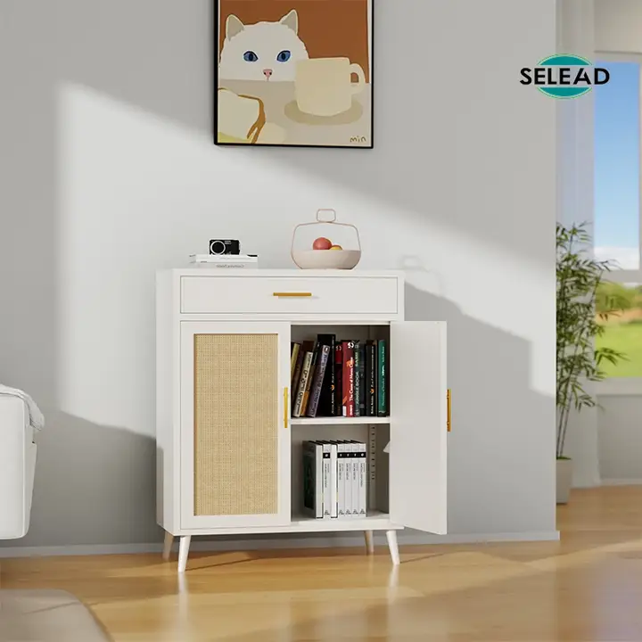 Rattan door panel and magnetic closing system detail on steel cabinet