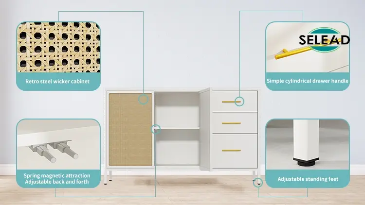 Wicker door panel and magnetic closing system detail on steel cabinet
