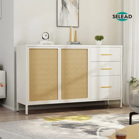 White steel sideboard cabinet with wicker doors for office storage