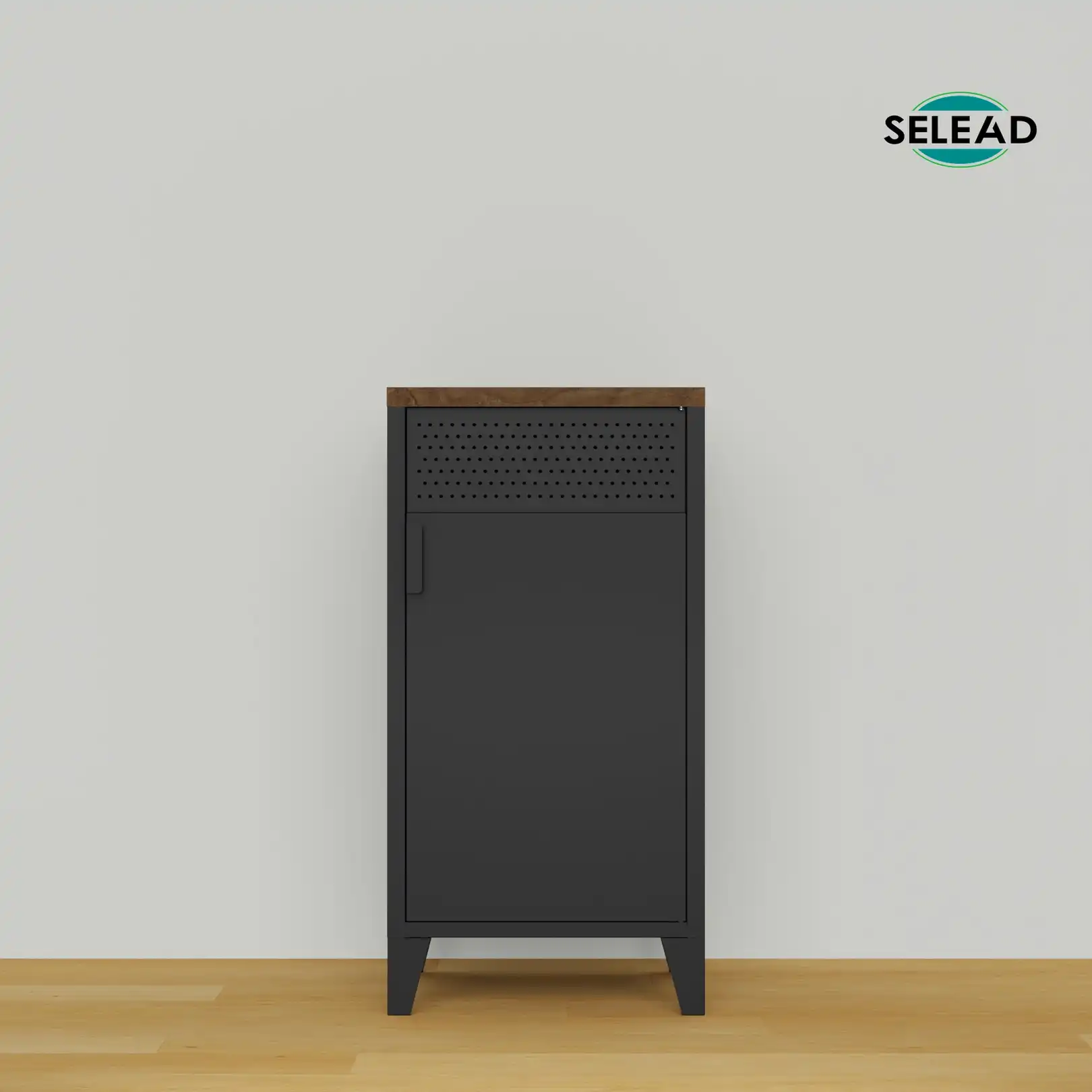 Perforated steel ventilation panel detail on metal storage cabinet door