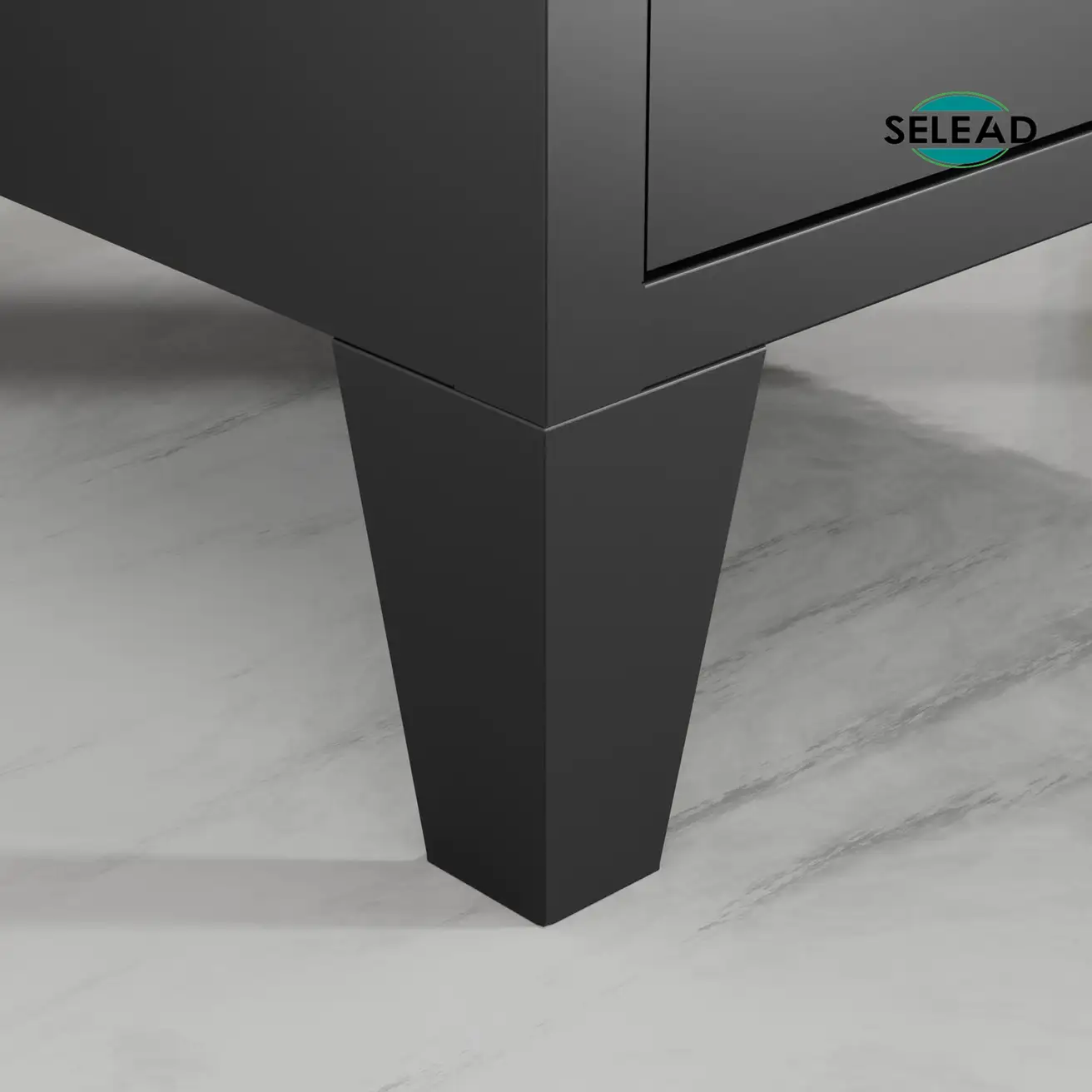 Integrated metal handle detail on single door steel cabinet